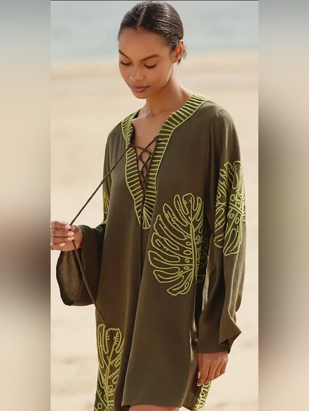 Anthropologie Celandine Linen Blend Palm Leaf Mini Kaftan Dress Size XS/S Boho